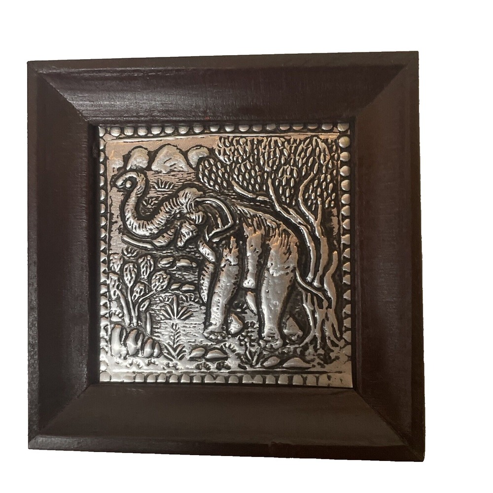 Trinket Tray Elephant Embossed Aluminum and Wood 4"x4" Ring Holder Coin Holder‎
